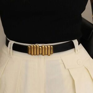 Black PU Belt Yellow Gold Tone Buckle